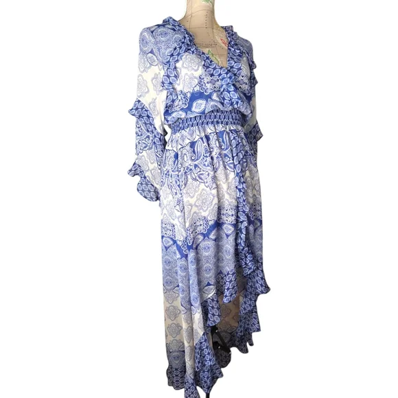NWT MISA Imaan Size Small Blue White Multi Tile Ruffle Sheer High-Low Maxi Dress